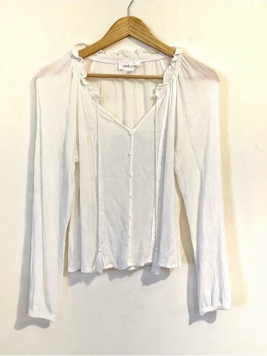 Pink Rose Tops - Boho White Ruffled Button-Front Blouse